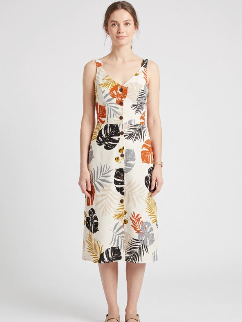Tropical Monstera Palm Print Button Down Linen Blend Midi Dress